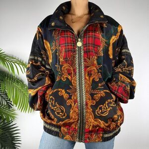Vintage 80s 90s Black Baroque Patchwork Retro Oversized Windbreaker Jacket / L